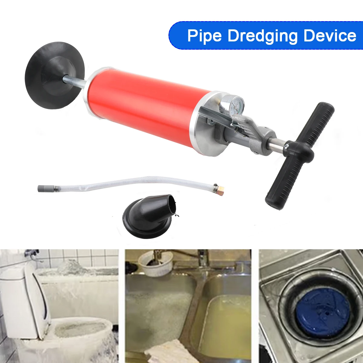 Abflussreiniger, Luftdruck-Rohrreiniger, Aluminiumlegierung und Edelstahl, 0,7 MPa Druck für Toiletten, Waschbecken mehr – Detail 2