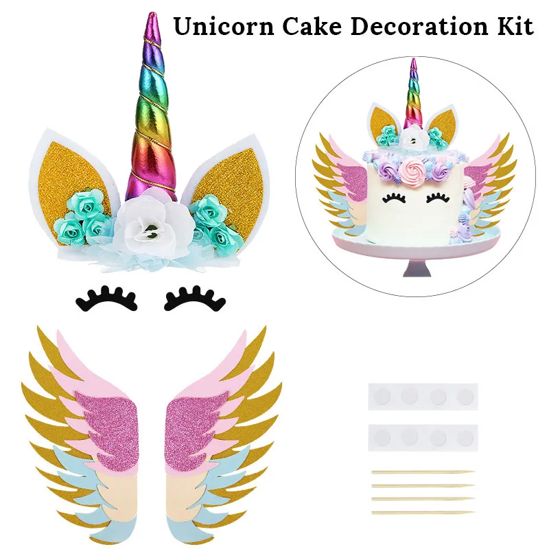 Adorno para tarta de unicornio, cuerno de arcoíris, herramientas de decoración para tarta de fiesta de cumpleaños para niños y niñas, suministros para fiesta temática de unicornio para boda y Baby Shower