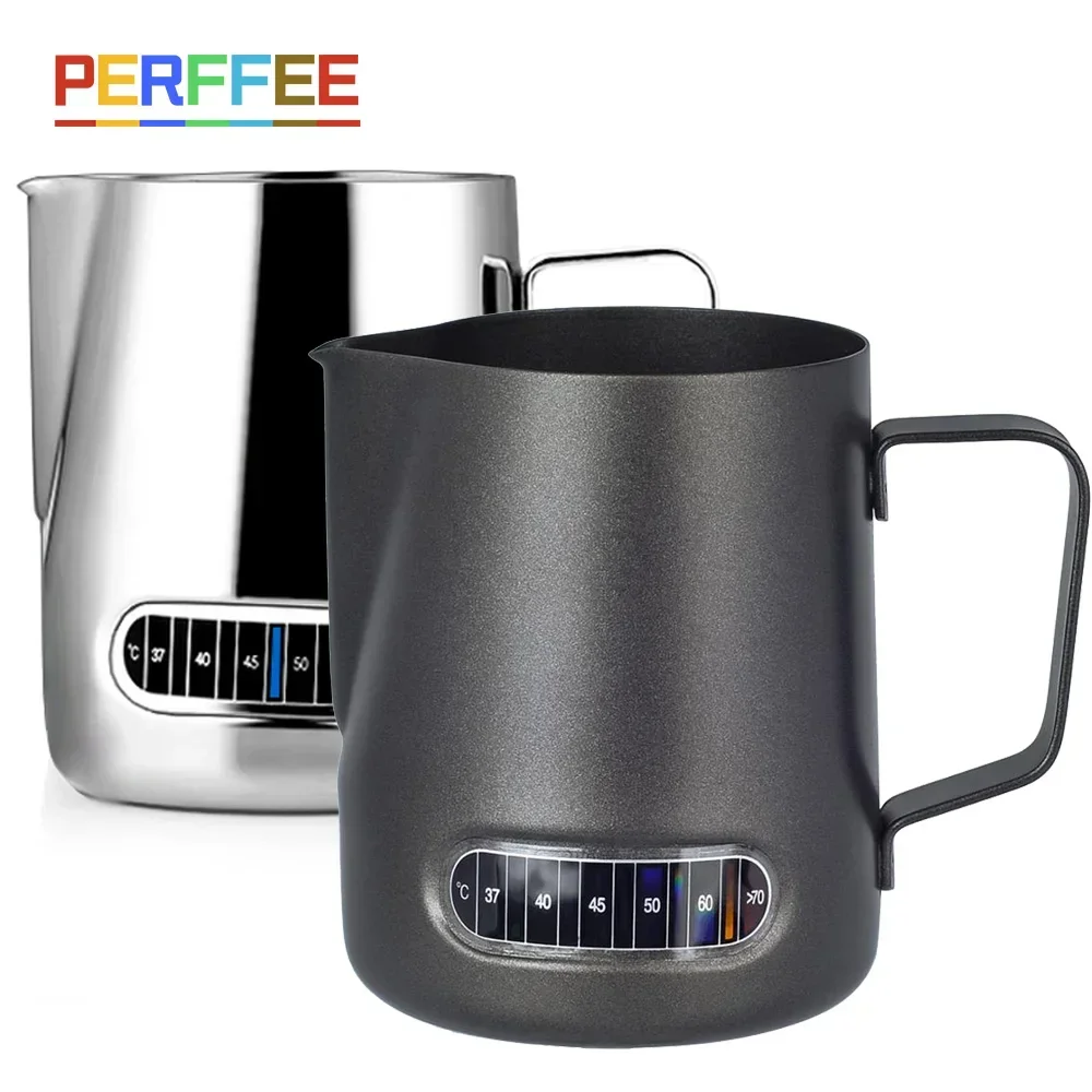 Temperature Milk Frothing Pitcher Black Non Stick Coffee Milk Jug Espresso Cappuccino Steaming Jug Latte Art Barista 350 600ml