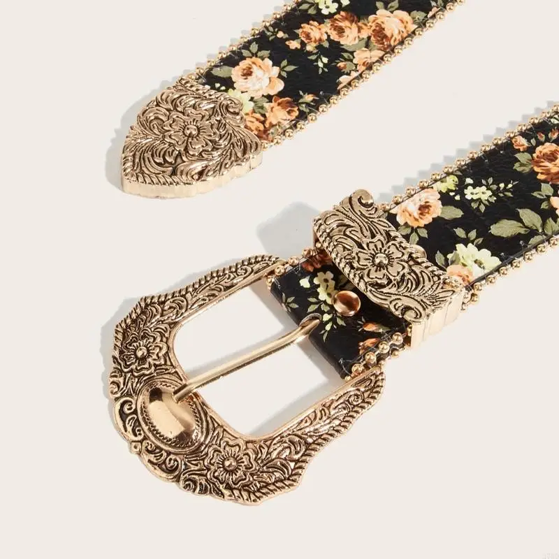 Elegant Retro Floral Design Ladies Belt PU Leather Waistband Secure Metal Closure Waist Ornament Daily Wear
