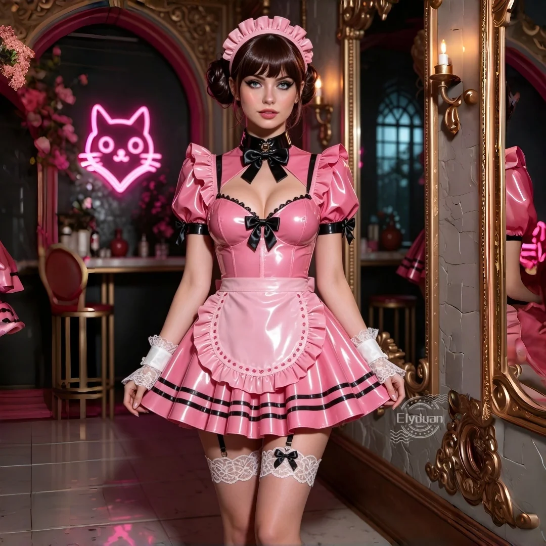 Glossy Pink PVC Mini Prom Dress Maid Cosplay Party Costume Short Puff Sleeves Keyhole High Collar Cocktail Dress Customized