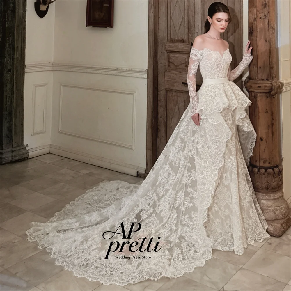 AP pretti Gorgeous A-line Full Lace Bridal Gown Off the Shoulder Long Sleeves Ruffle Wedding Dresses Customized Detachable Train