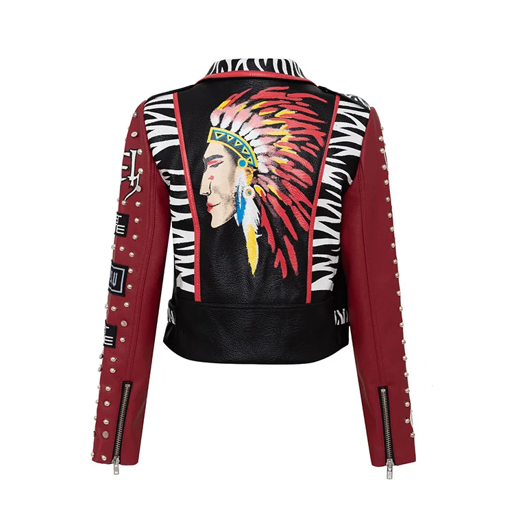 Women\'s Motorcycle Leather Jacket PU Material Motorcycle Jacket Color Bump Colorful Patchwork Jacket Graffiti Biker Clothes Rock