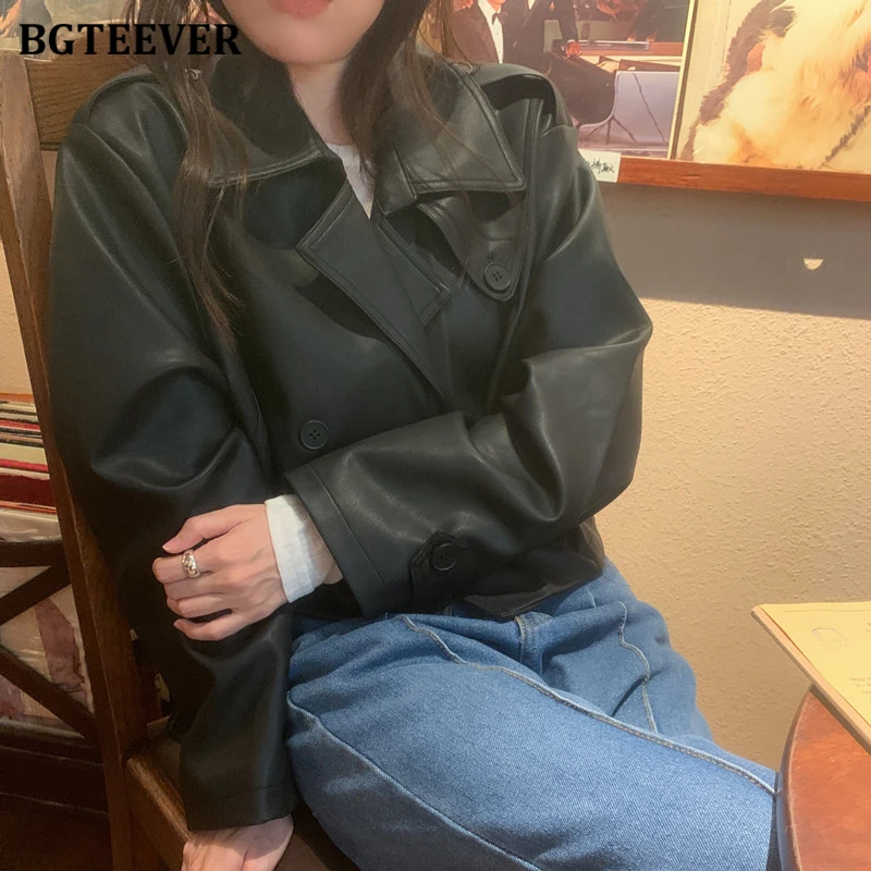 BGTEEVER Autumn Winter Vintage Long Sleeve Women PU Leather Jackets Stylish Loose Female Double Breasted Coats Ladies Outwear