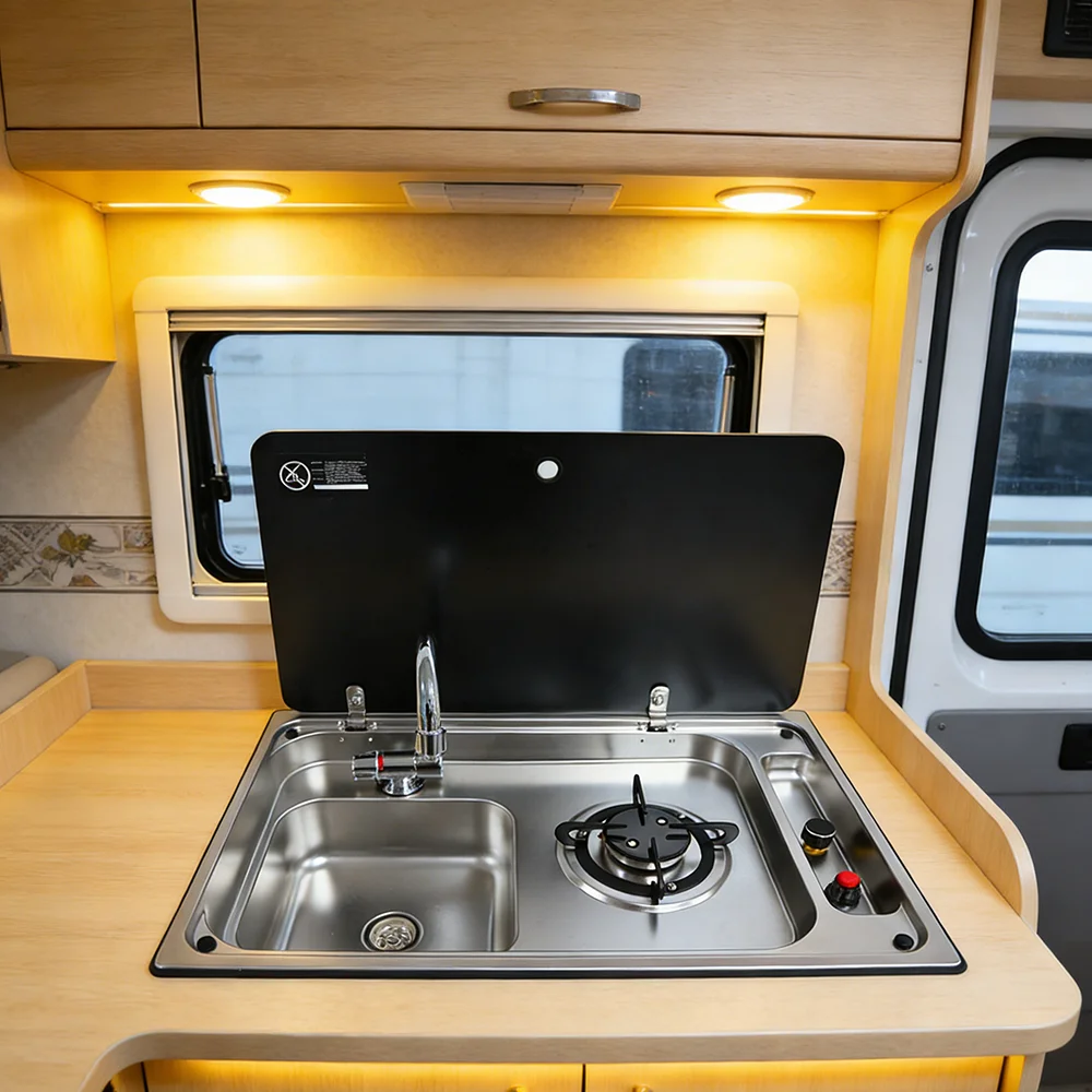 

Stainless Steel RV Sink and Burner Cooktop Stove Hob Combo with Tempered Glass Lid for Caravan Camper Boat Yacht with CE