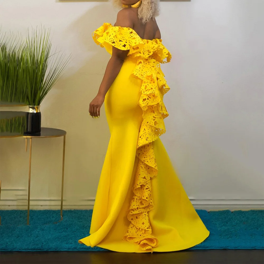 Luxury Party Wedding Long Dresses for Woman Off the Shoulder Ruffles Yellow Red Mermaid Floor Length Elegant Christmas Gowns New