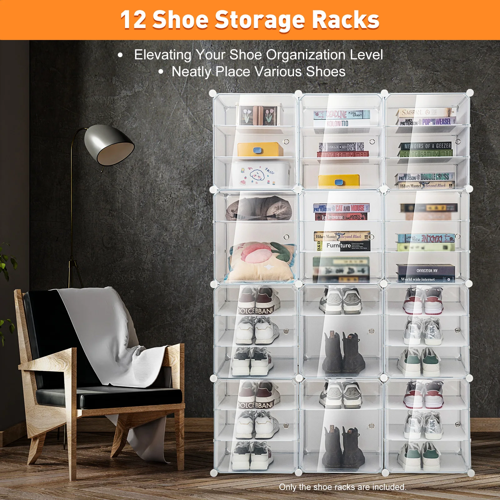 Shoe Storage Rack, 72 Pairs Large Capacity 36-Compartment Foldable Stackable Transparent Display Cabinet, Detachable Boot Organizer for Closet, Free-Standing PP Iron Rack with Buckles