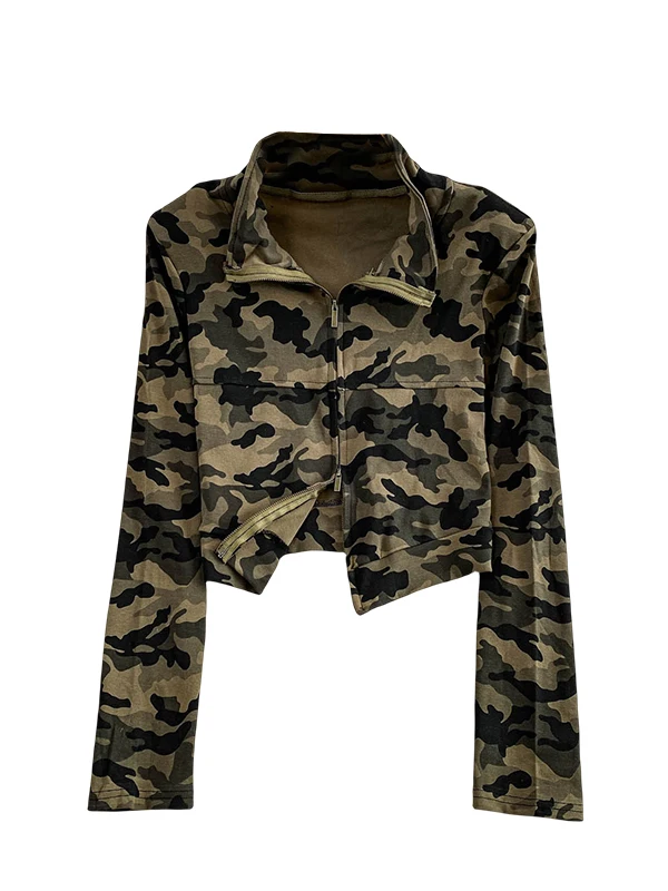 Damska kurtka w stylu retro z amerykańskim kamuflażem, jesienno-zimowa, codzienna, z podwójnym zamkiem błyskawicznym, o długości ort, chroniąca przed słońcem.