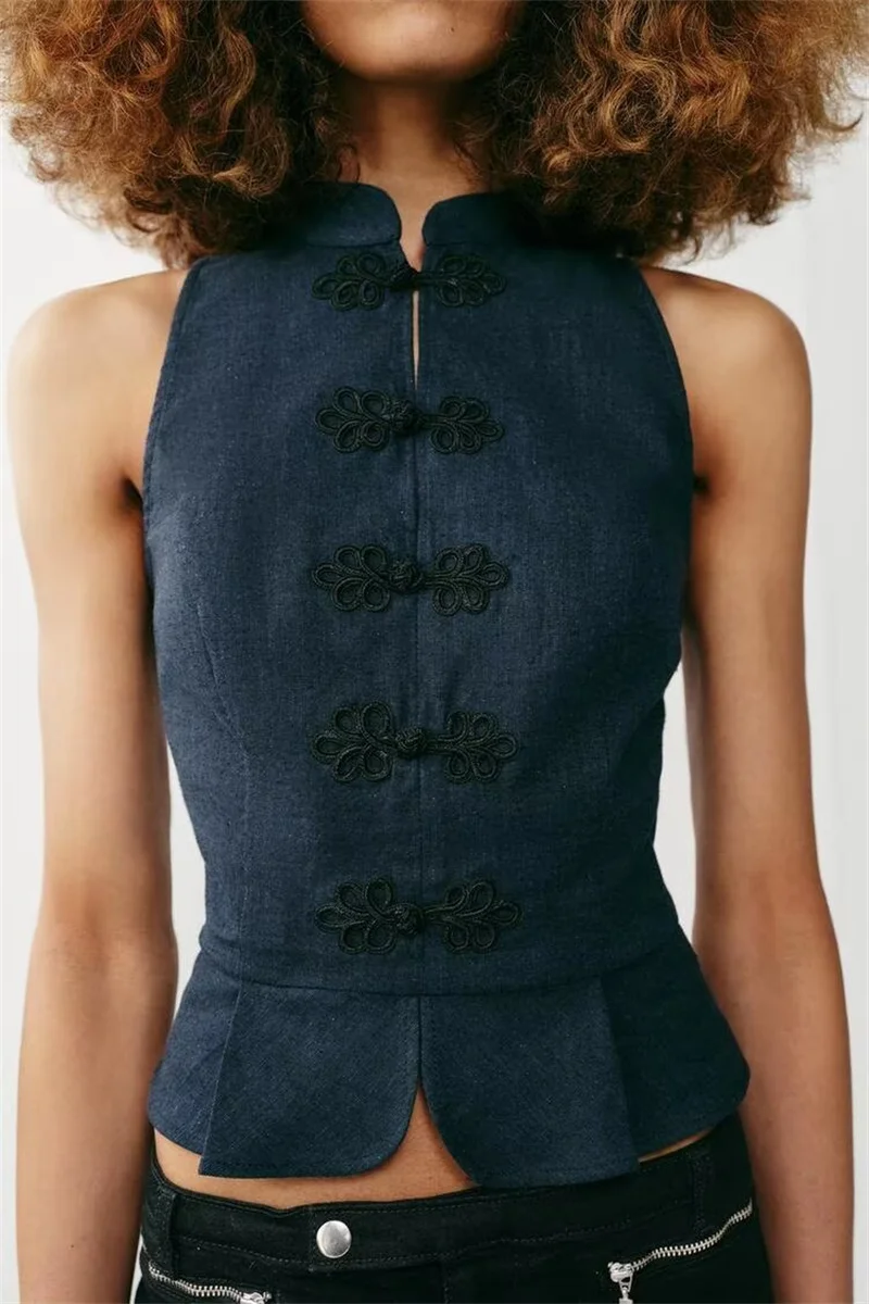 2026 New Chinese Stand Collar Frog Button Vest Women Sleeveless Slim Linen Blend Waistcoat Daily Casual Tank Top