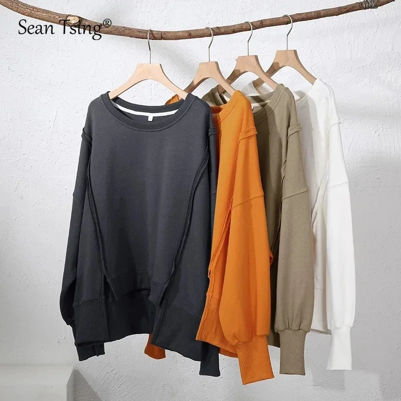 Sean Tsing® Oversized Sweatshirts 100% Cotton Women Long Sleeve Patchwork Loose Hoodies Streetwear Autumn Winter Casual Pullover