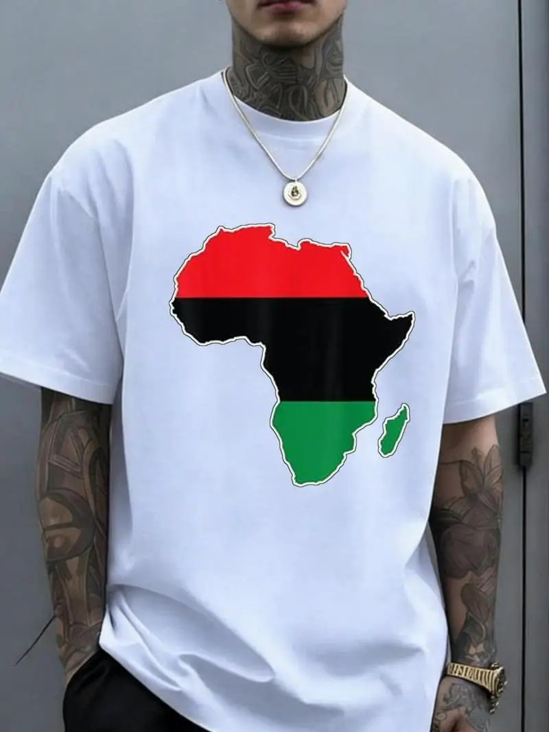 Africa Continent Print T-Shirt, African Silhouette With Red Black Green Accents, Bold Color Block Design, Cultural Pride Tee