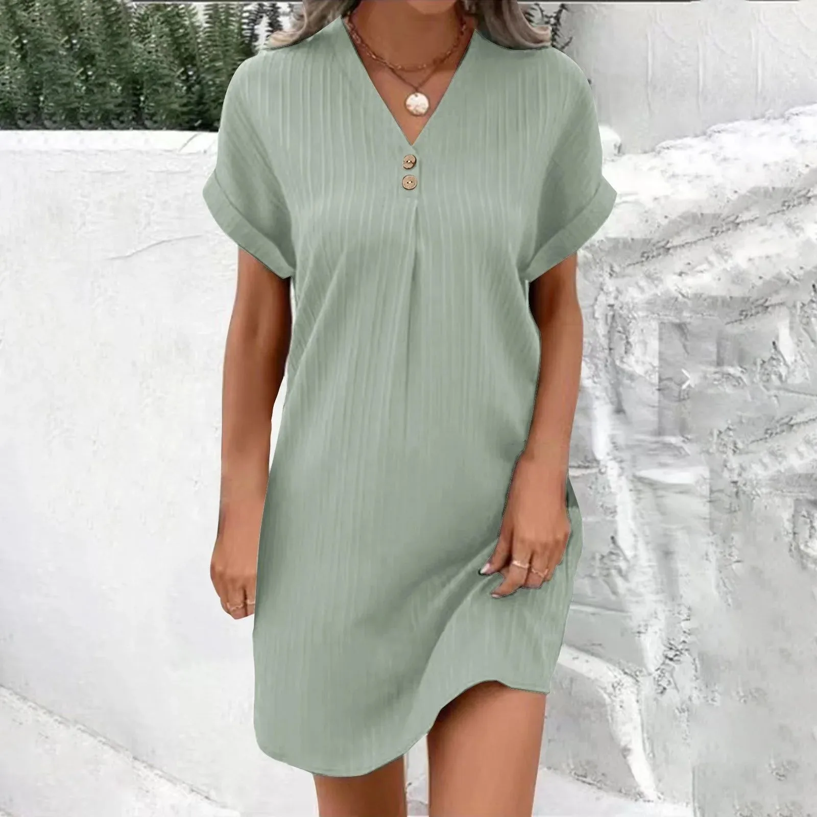 Women Dresses 2026 new V-neck solid color pullover comfortable casual button mini dresses women's clothing vestidoes