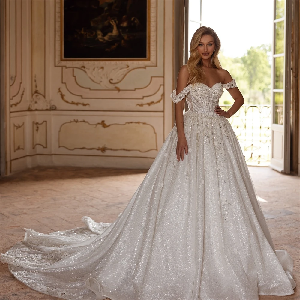 

Customized Soft White Organza Wedding Dress Sexy Sweetheart Off the Shoulder Bridal Gown Boho A-Line Chapel Train Robe de mariée