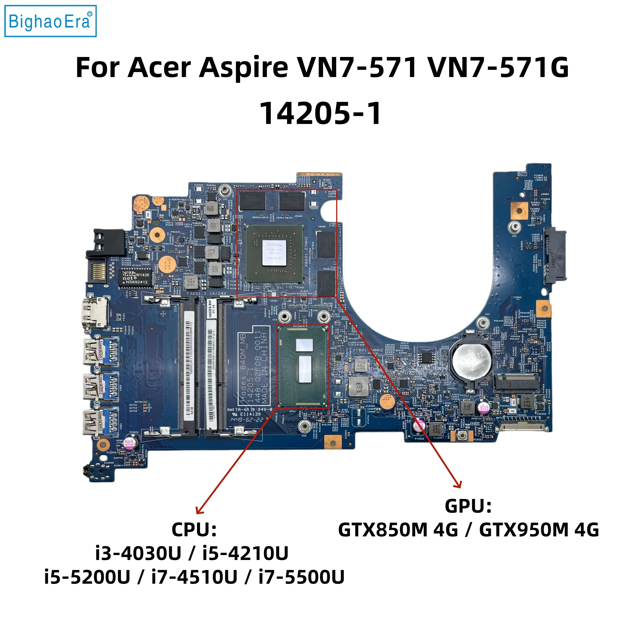 Image of 14205-1 Für Acer Aspire VN7-571 VN7-571G Laptop-Motherboard mit I3 I5 I7-4510U I7-5500U CPU GTX850M/GTX950M 4G-GPU NBMRV11003