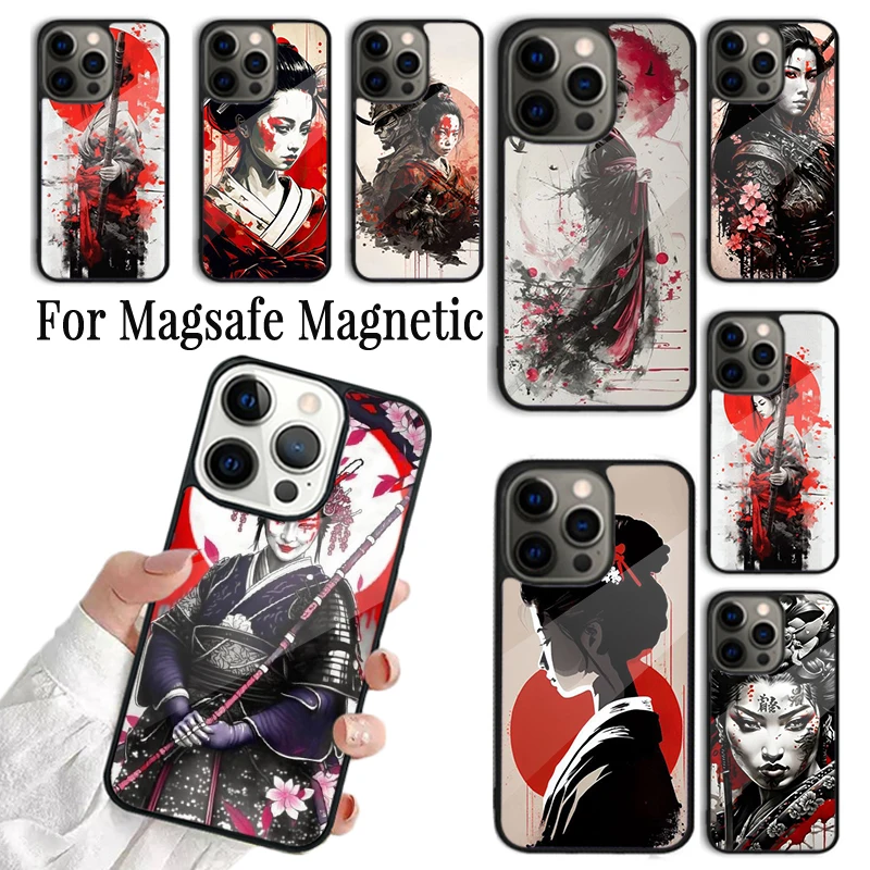 Coque Phone Case For iPhone 16 15 14 13 12 Mini 11 Pro Max Plus Magsafe Magnetic Wireless Charging Cover Samurai Warrior Geisha