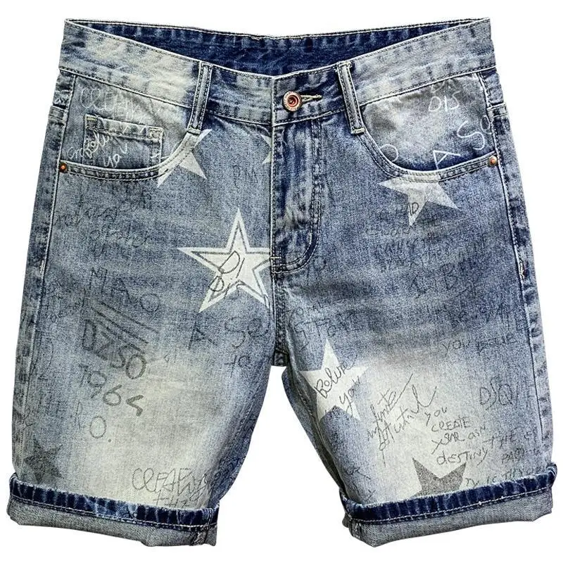 New Summer luxury clothing jeans men korean span Men\'s Denim Shorts Casual Knee Length Jeans Fashion Printed Straight Shorts