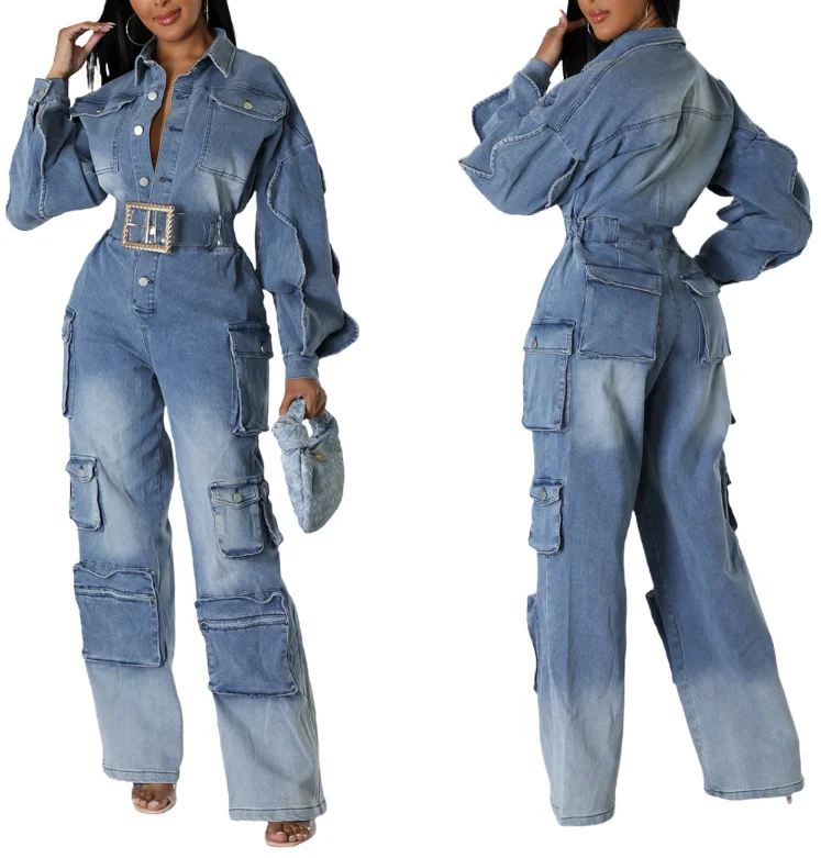 

Work Pants Washed and Worn Denim Jumpsuit Jumpsuit with Multiple Pockets and Wide Legs
