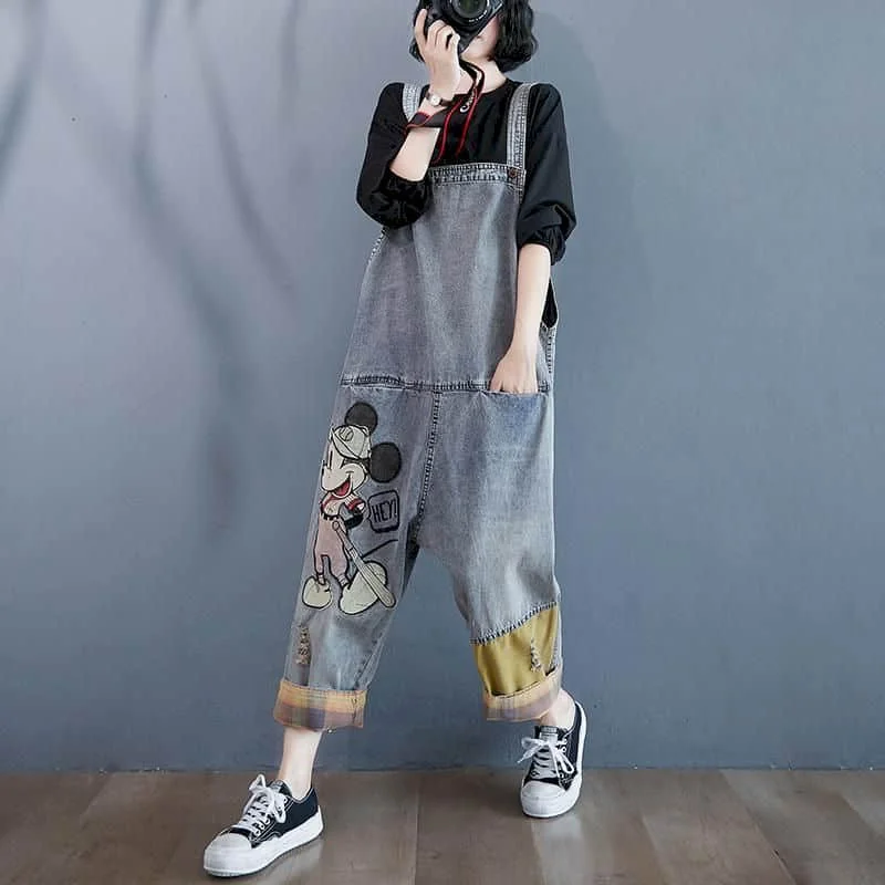 Kombinezony dżinsowe damskie spodnie haremowe luźne kombinezony dla kobiet ubrania koreański styl Vintage Playsuits Casual spodnie z nadrukiem kreskówkowym
