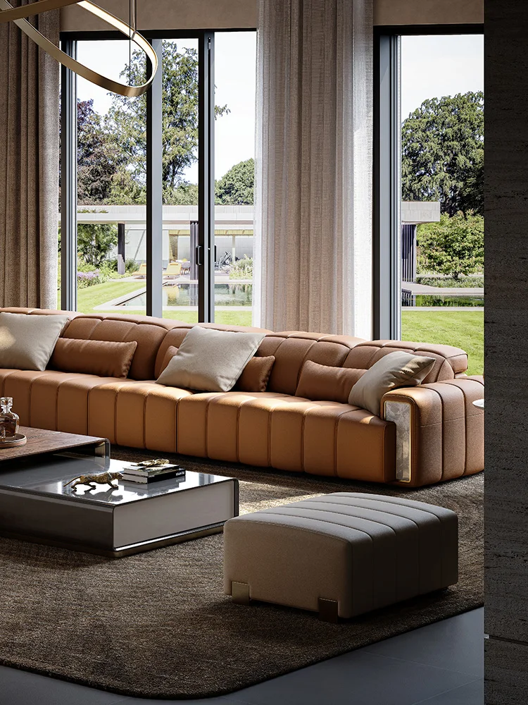 Villa luxury living room leather sofa, Italian light luxury functional sofa