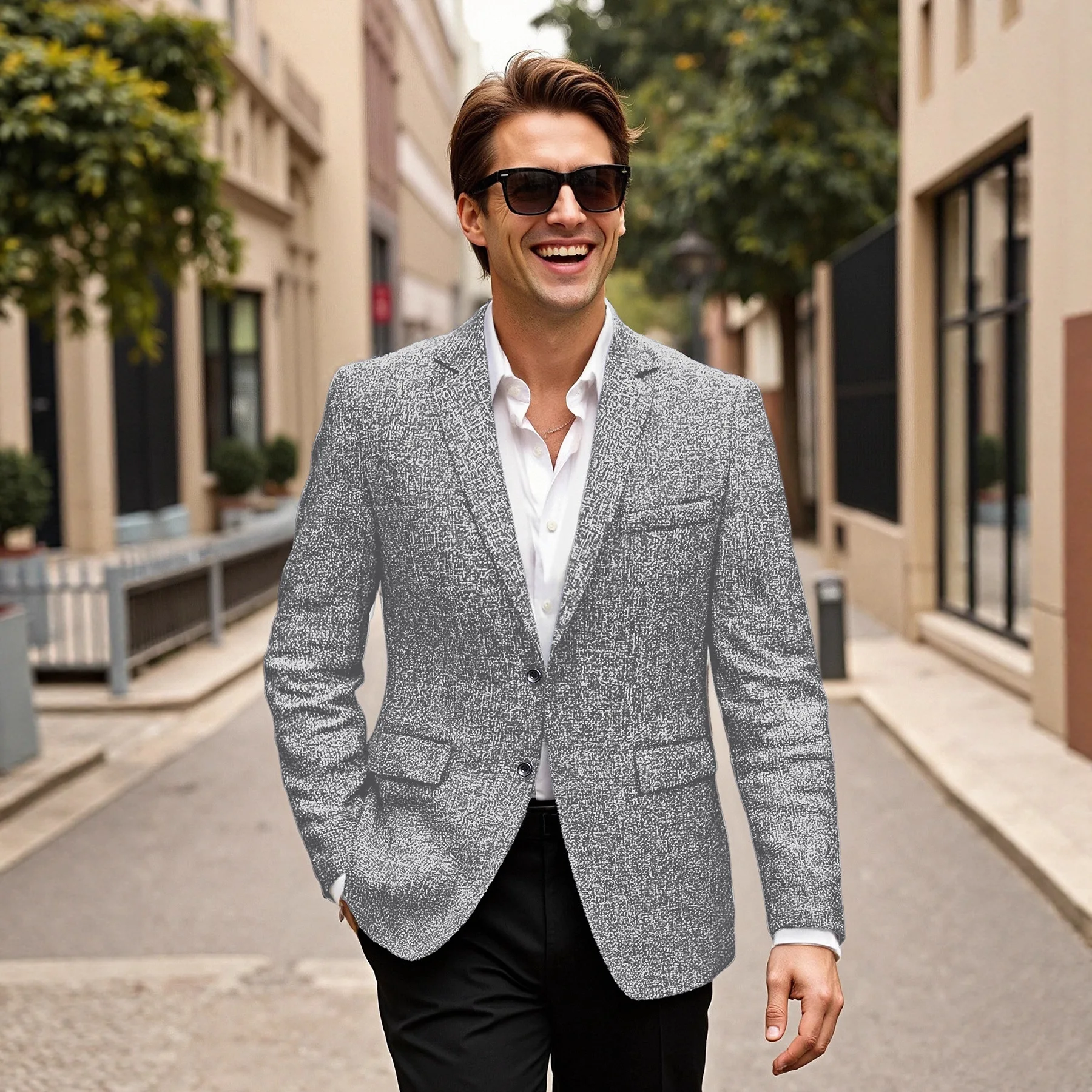 Primavera e outono masculino fino-encaixe fino moda casual cor sólida granulado blazer jaqueta leve terno de poliéster