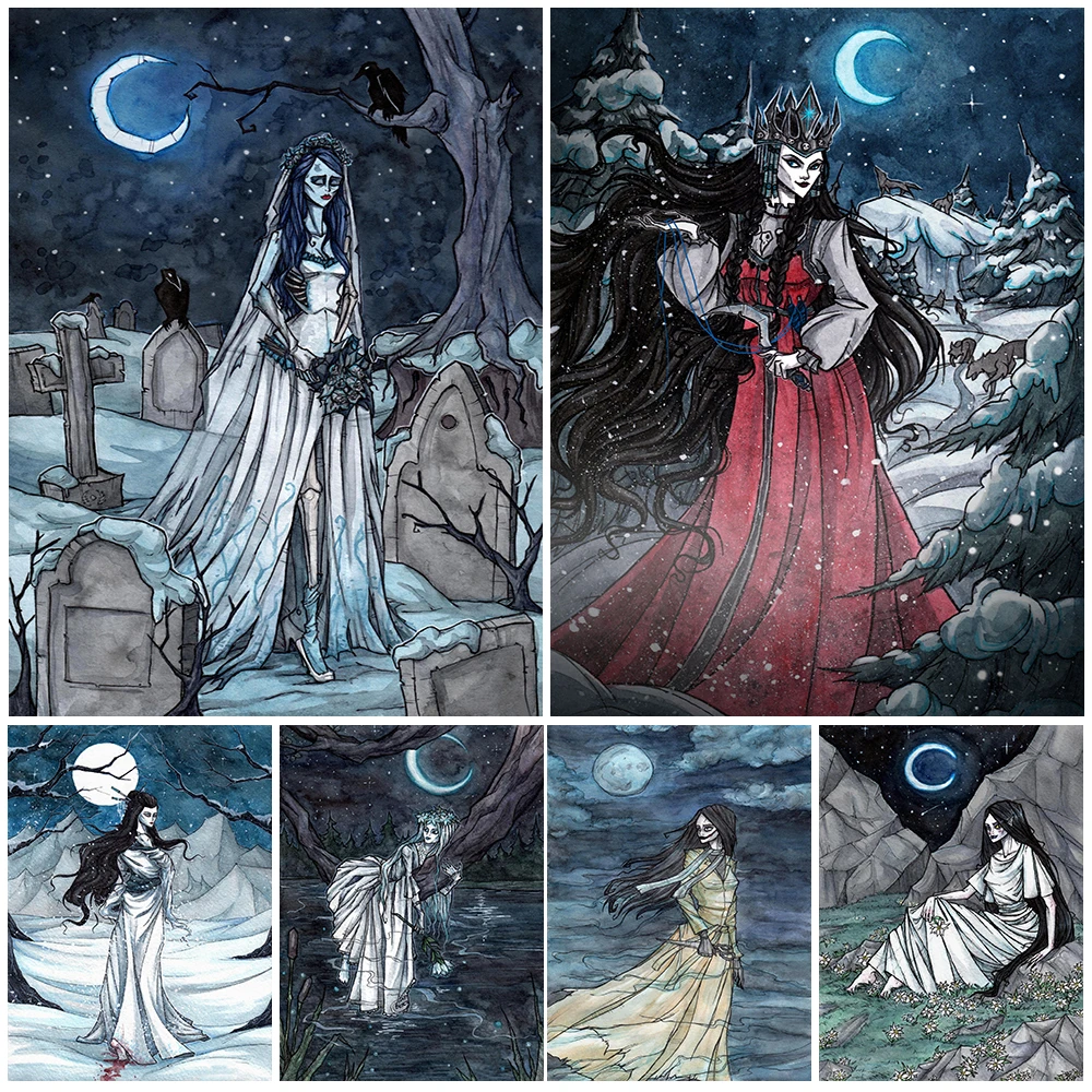 مصاص دماء التوائم مجردة القوطية ملصق فني ومطبوعات مقبرة العروس ، الهلال الساحرة الرسم على لوحات القماش الجدارية ديكور المنزل غير المؤطرة #1