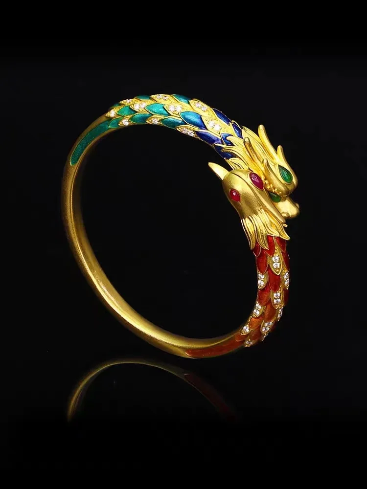 Oro 24 carati blu drago e fenice stile palazzo di buon auspicio oro reale 999 bracciale AU750 smalto drago e fenice aperto di buon auspicio