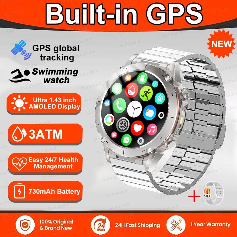 GUHUAVMI 2025 Original GPS Smart Watch Männer 1,43'' AMOLED HD Bildschirm Kompass BT Anruf 3ATM Wasserdicht SWIM 730 mAh Sport Fitness Smartwatch 8
