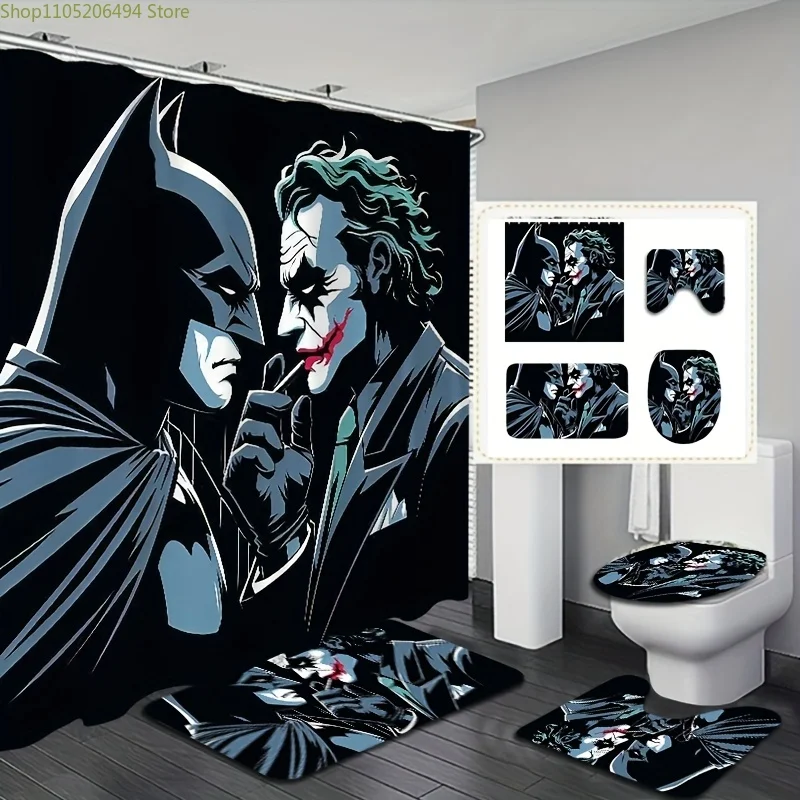 

4pcs Warner Bros. Batman Movie Comic Theme Polyester Shower Curtain Set with 12 Hooks, Bath Mat, Toilet Lid Cover, and U-Shape
