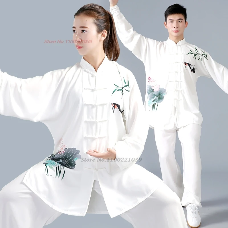 

2024 traditional chinese tai chi kung fu uniform national flower print training exercise wushu martial kung fu outdoor walking