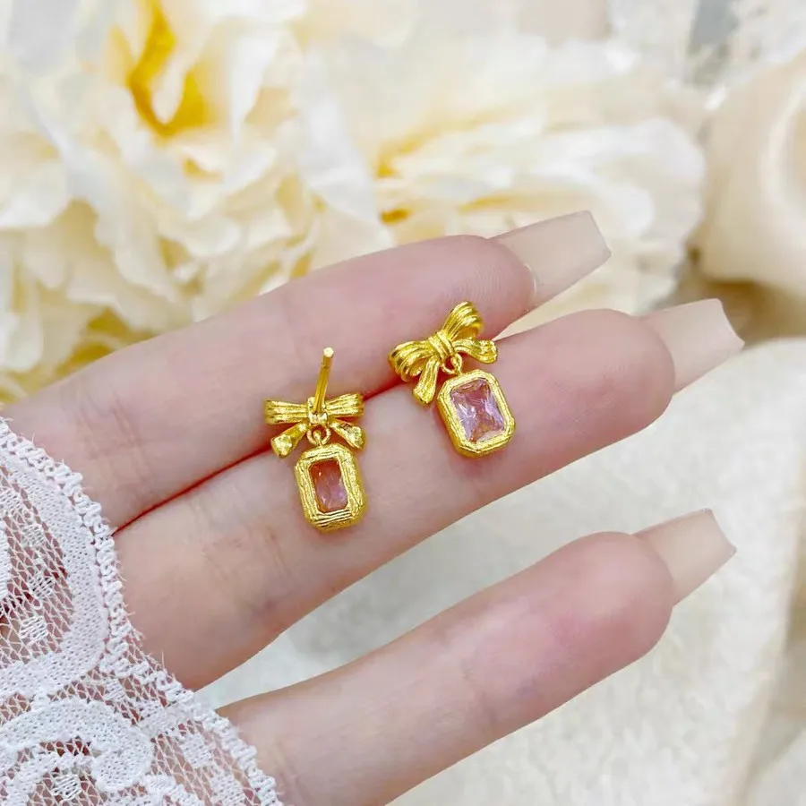 

Romantic K14 Pure Gold Color Hollow Flower Bow Sugar Earrings for Women Small Earring Stud Jewelry Gifts Not Fade