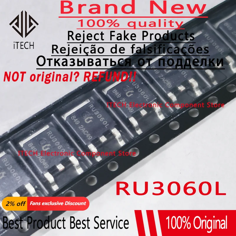 MOSFET de potencia de Canal N RU3060L Original, 30V/53A, 13mOhms TO-252, Chip 100% nuevo y genuino, 10-50 piezas/lote