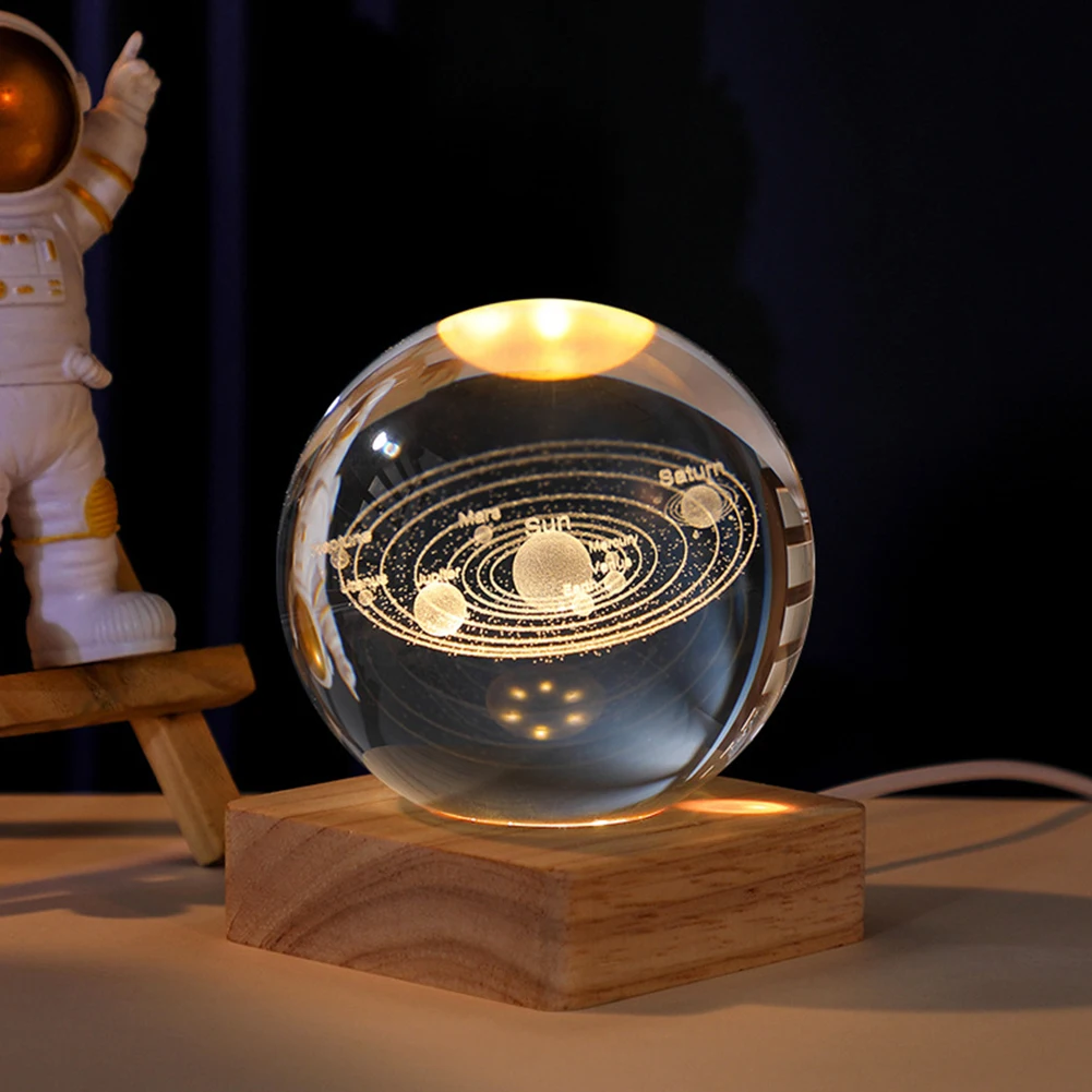 

8cm LED Light Display Base Wooden Crystal Lighted Base with 6 LEDs Warm Light for Bedroom Office Desktop