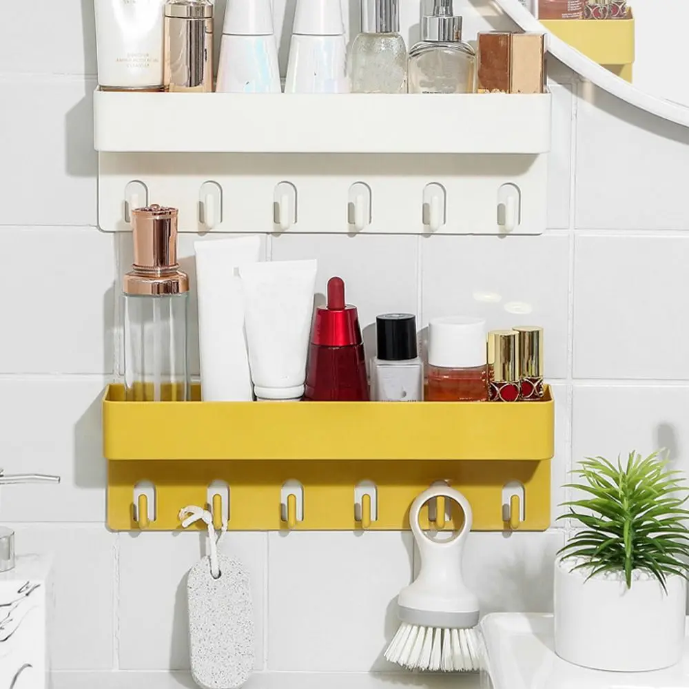 Creative Bathroom Shelf Wall-mounted Toilet Rack with Hooks Portable Shampoo Makeup Storage Holder Kitchen Organizer