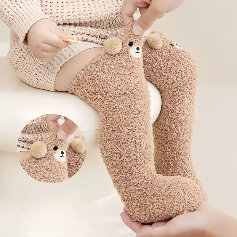 

Cute Bear Design Newborn Baby Long Socks Coral Fleece Thick Warm Anti Slip Winter Autumn Infant Stockings for Boys Girls