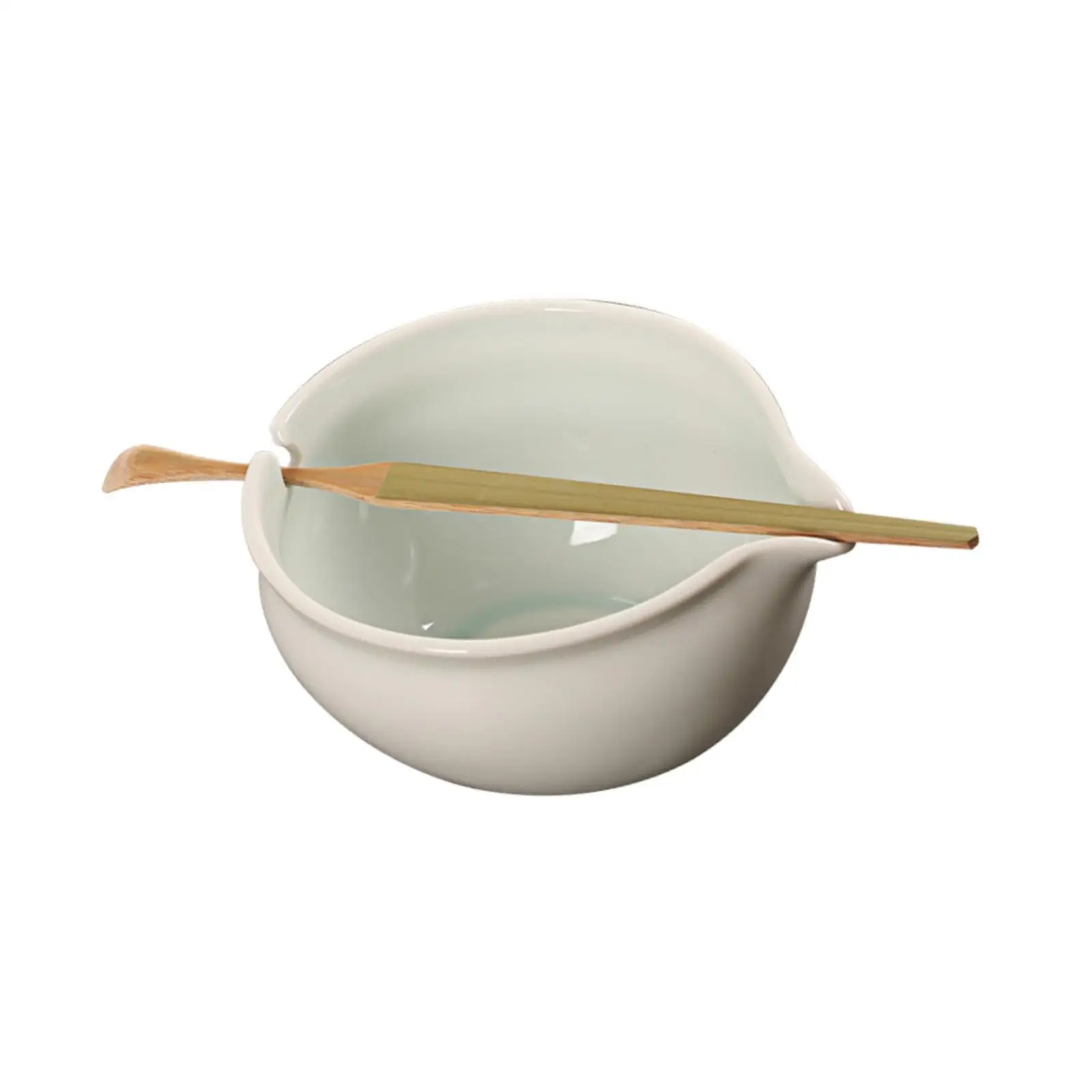 White Ceramic Matcha Bowl with Spout and Bamboo Spoon Set for Home Office Tea Ceremony Green Tea Gift