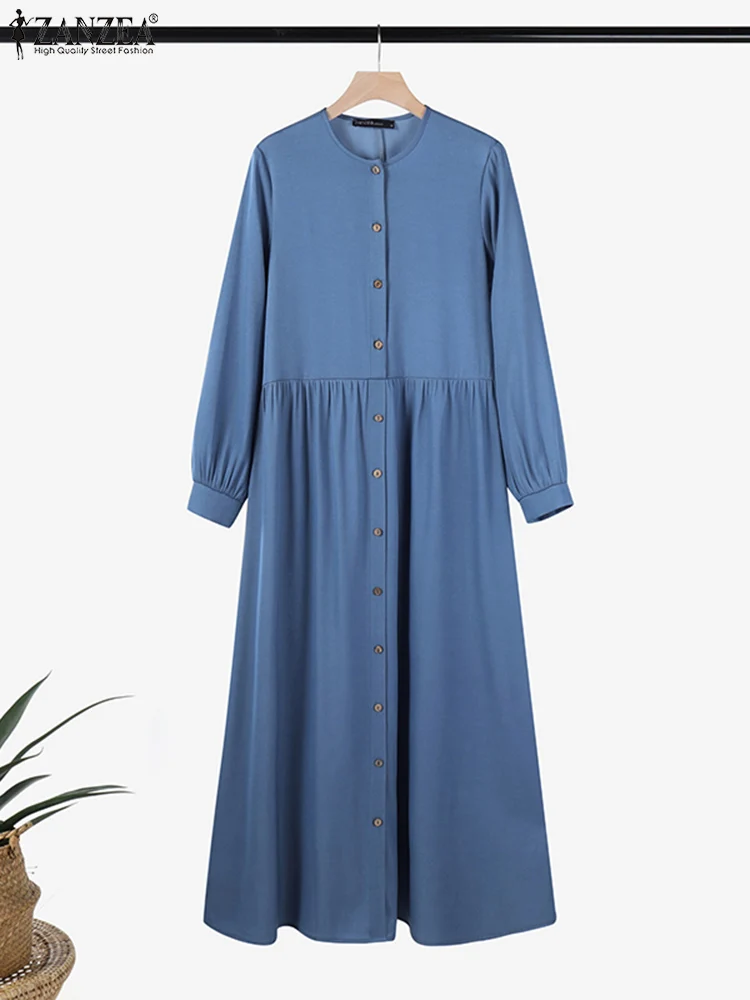 2025 ZANZEA Spring Fashion Long Sleeve Denim Blue Dress Muslim Abaya Hijab Sundress Robe Femme Women Stylish Holiday Vestidos