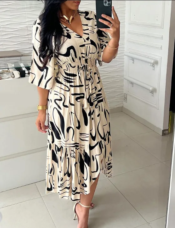 Summer Bohemian Wommen Print Midi Dress V-Neck Half Sleeve High Elastic Waist A-Line Dress Female Fashion Casual Robe Vestido