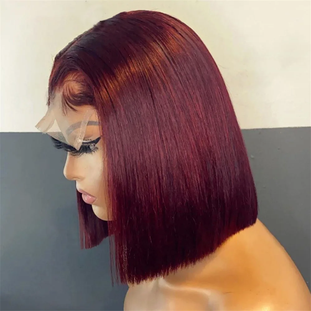 99j Мягкий бордовый бесклеевой парик 180 Плотность Короткий боб Винный прямой глубокий парик фронта шнурка для женщин с волосами ребенка предварительно выщипанные ежедневно
