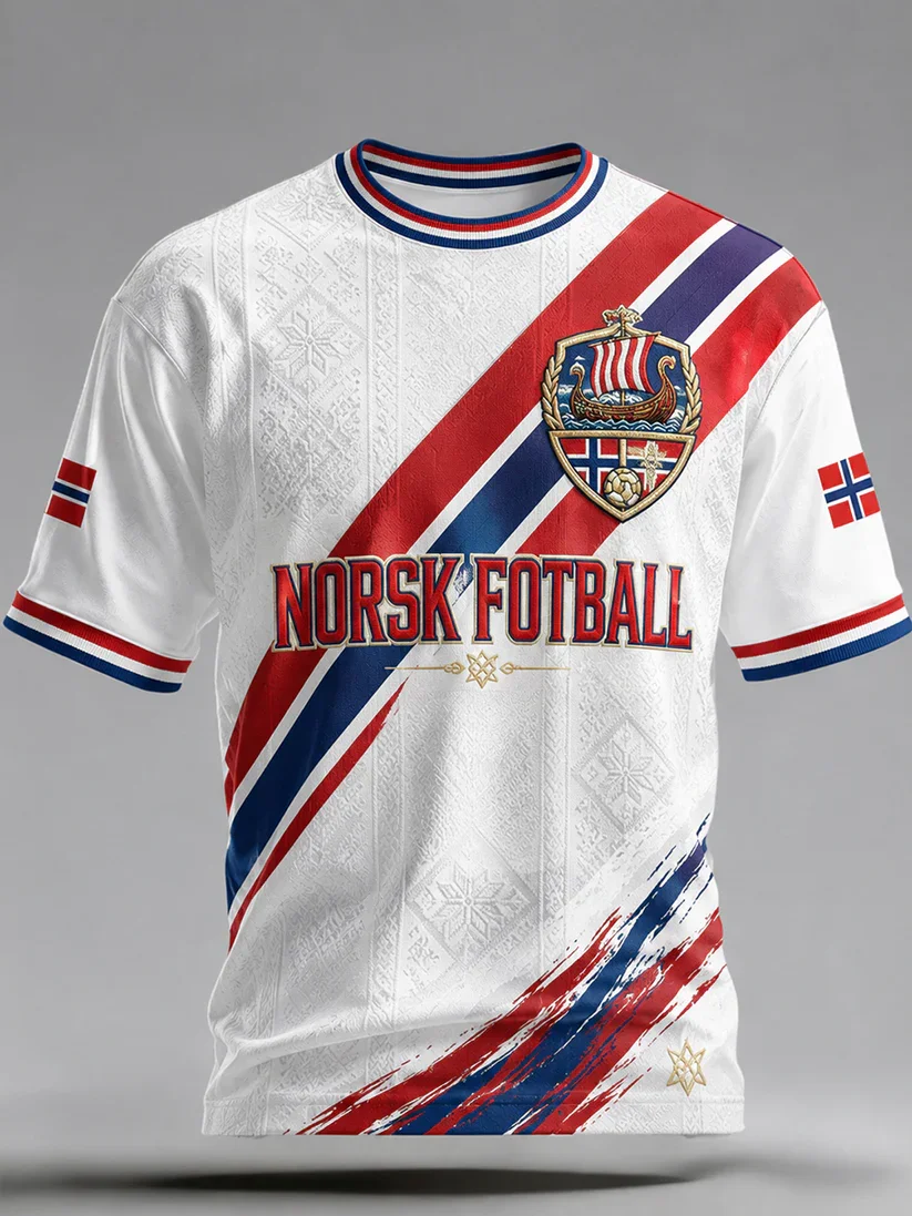 Norwegian Football Jersey, Norwegian Flag, Diagonal Brush-pattern, Viking Ship Emblem Quick-drying Short-sleeved Fan T-shirt
