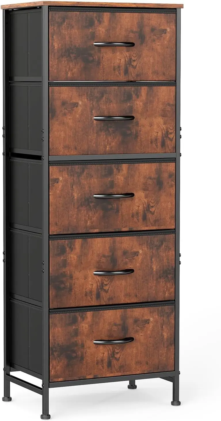 5-Drawer Dresser with Fabric Bins, Sturdy Steel Frame and Wood Top, Storage Organizer for Bedroom, Closet, Hallway in Brown
