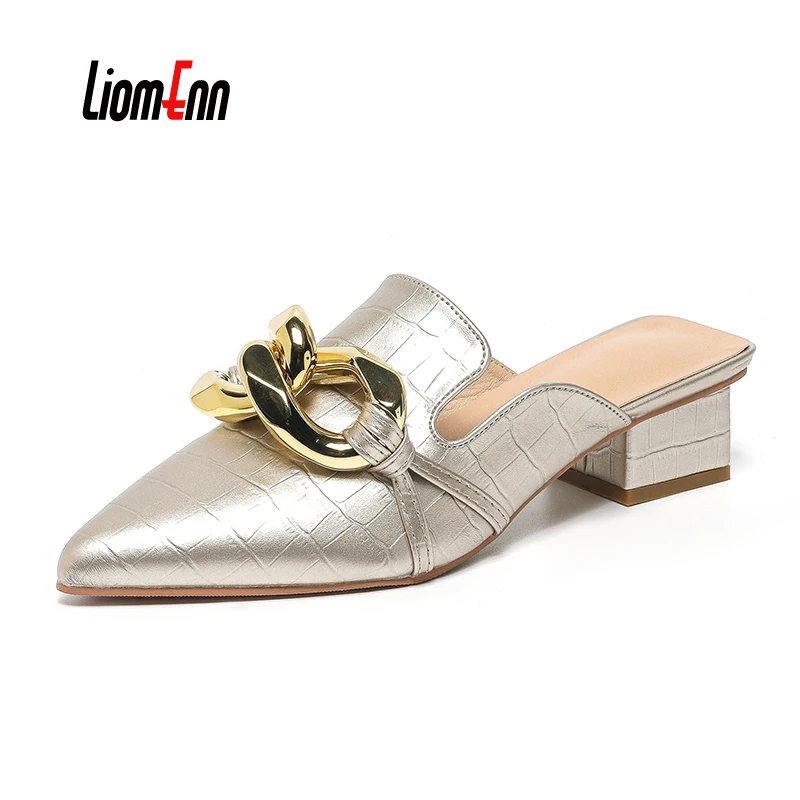 Luxury Chain Golden Mules Shoes For Women Heels 2024 New Summer Pointed Toe Square Heel Slippers Women Sandals Plus Size 8 9 10