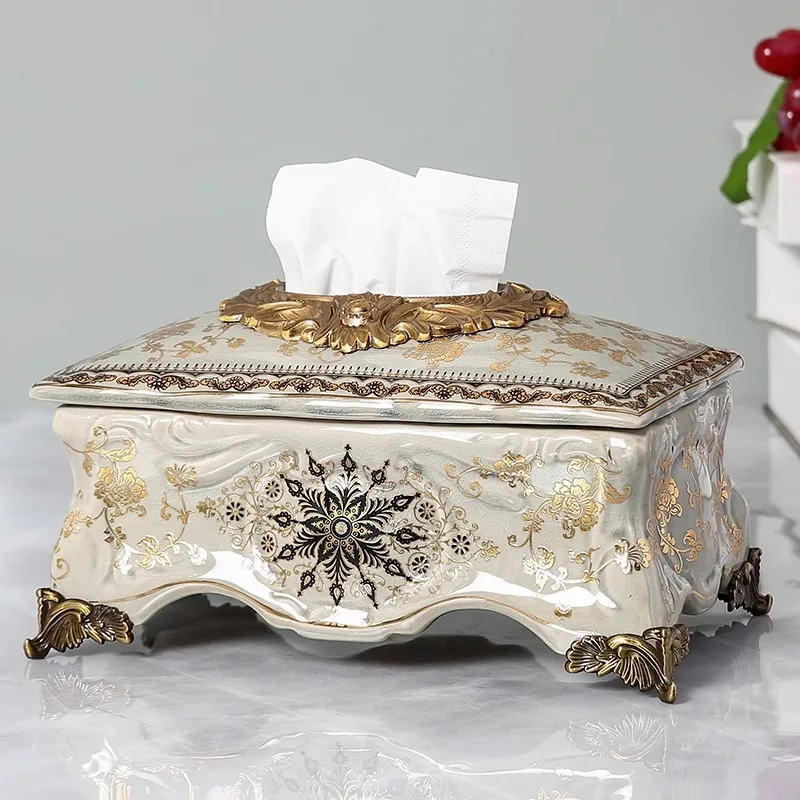

Villa model room ceramic alloy tissue box, European luxury American living room coffee table decoration paper box ornament