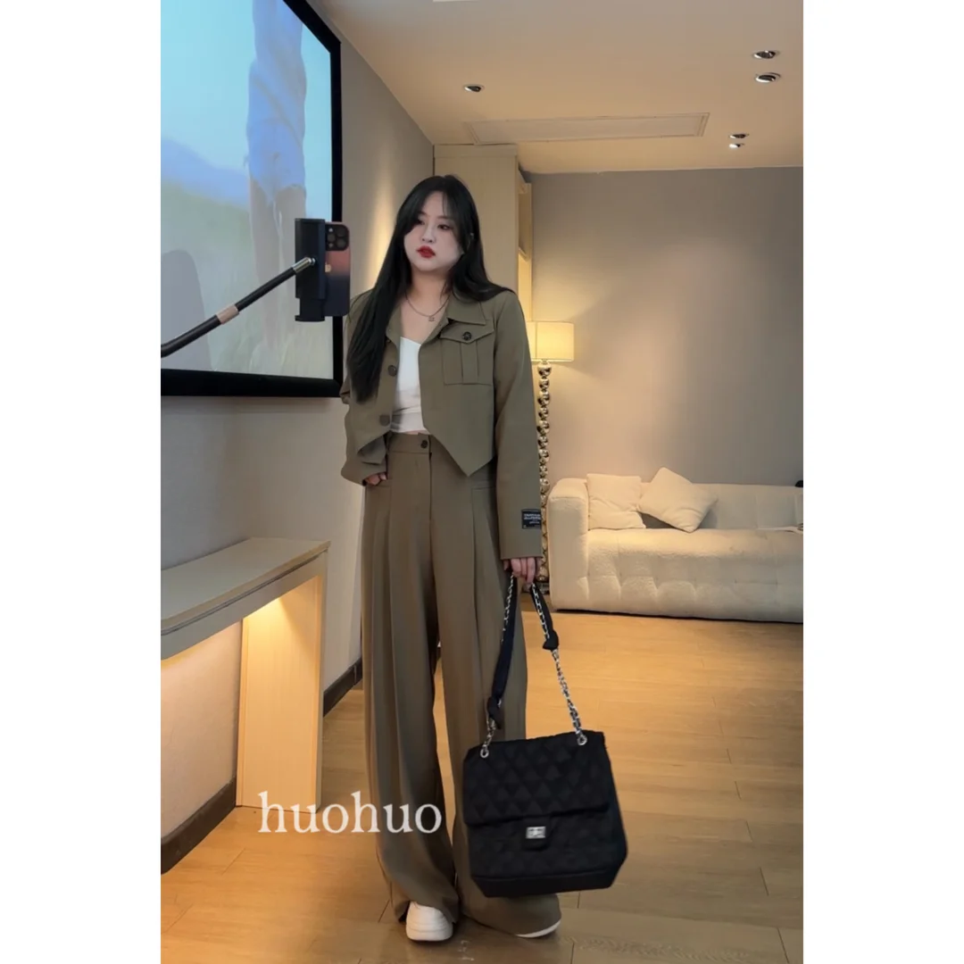 Women's Autumn Vintage Casual Short Irregular Hem Coat Pants Two Piece Set Solid Loose Patch Pocket Suit Long Pant   