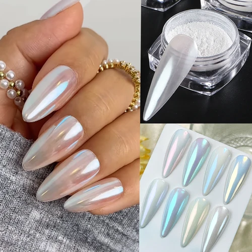 Imagen 1 del producto 1 caja Aurora blanco cromo polvo de uñas espejo brillante pigmentos de perlas brillo de uñas blanco frotar polvo arte de uñas manicura decorar