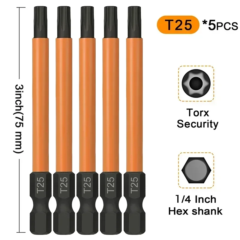 5Pcs T20 T25 Torx Screwdriver Bits 1/4 Inch Hex Shank Magnetic Security Torx Bit 75mm Star Torx Head Drill Bit