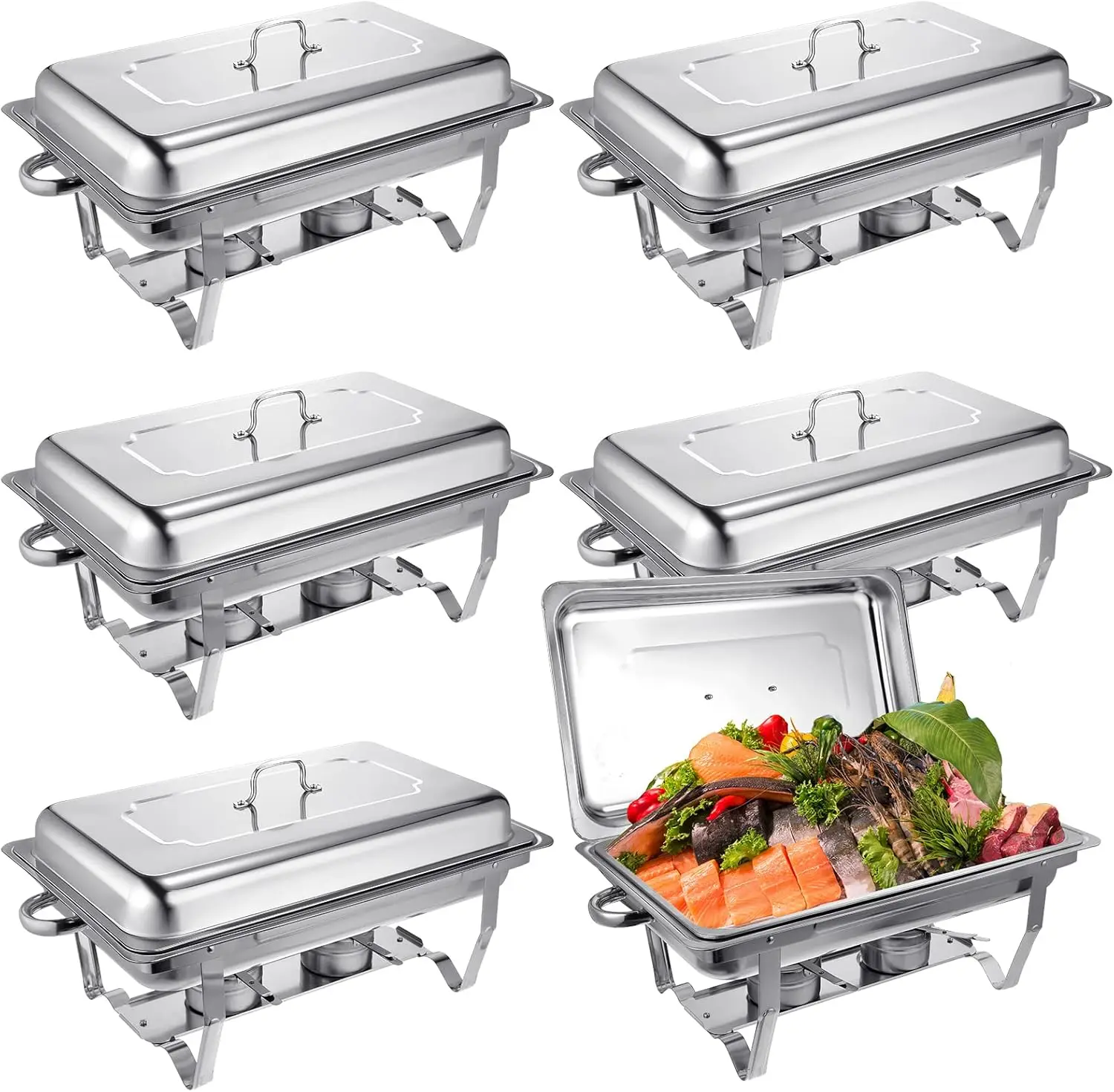 

Hoolerry 6 Pcs Chafing Dish Buffet Set 9 Qt Stainless Steel Chafer Complete Set with Foldable Frame and Lid Catering Buffet