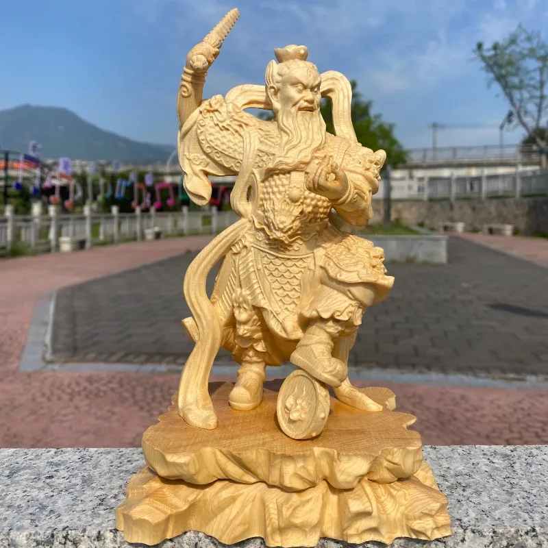 Hand Carved Hinoki Wood Wang Lingguan Statue Figurine Three Eye Fire God First Protector Deity Ornament Home Temple Altar Decor