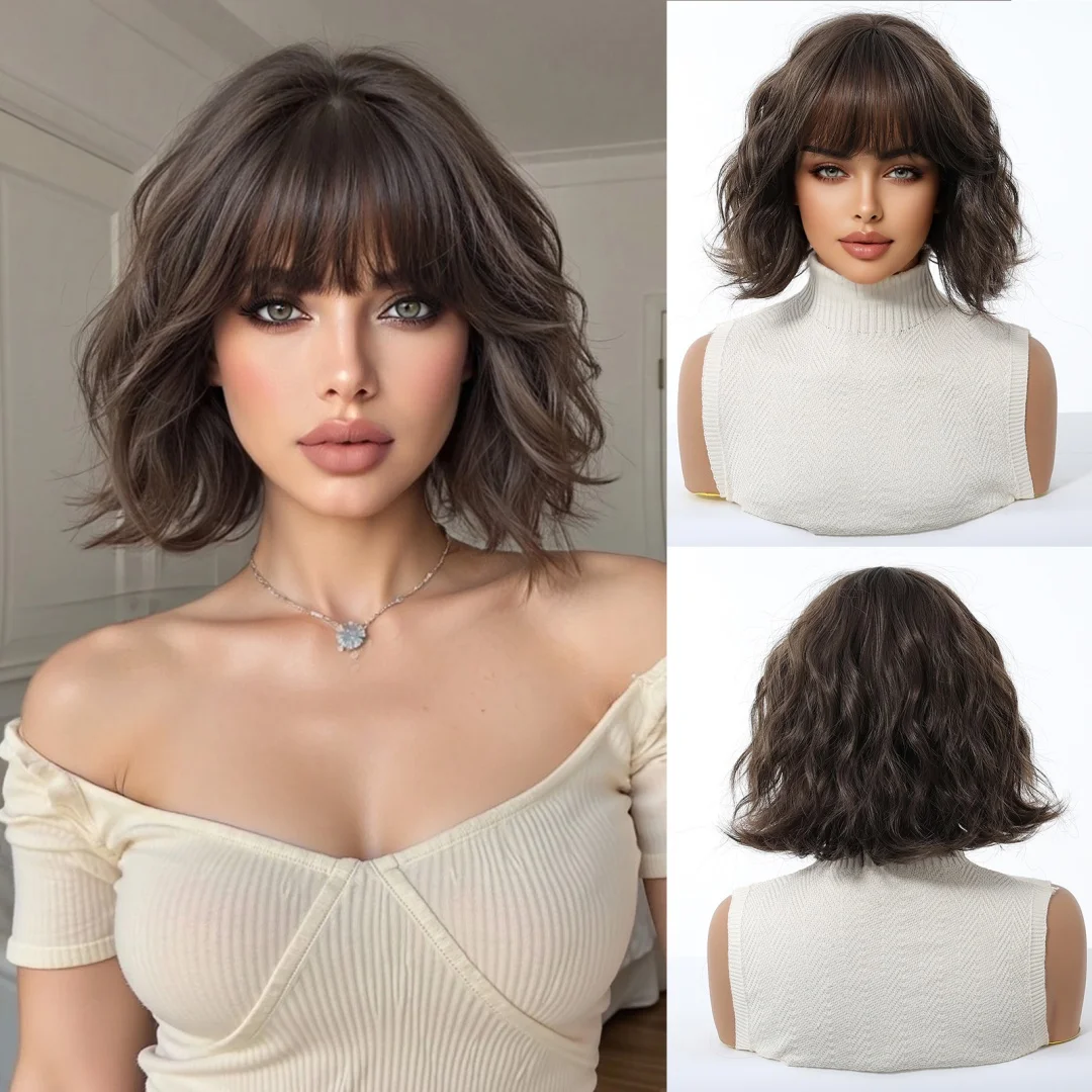 

Короткие волнистые темно-коричневые синтетические парики для женщин, парики боб для косплея с челкой, вечерние термостойкие натуральные искусственные волосы в стиле Лолиты