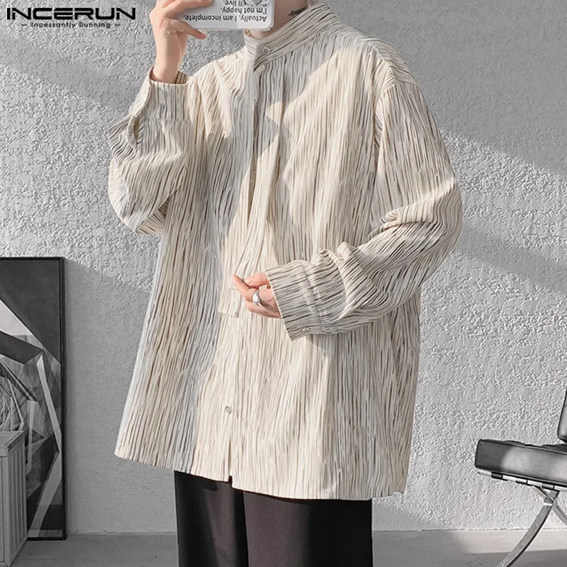 

INCERUN топы 2025, модные мужские рубашки в корейском стиле, повседневная уличная одежда, мужская однотонная свободная блузка большого размера с длинными рукавами, S-5XL
