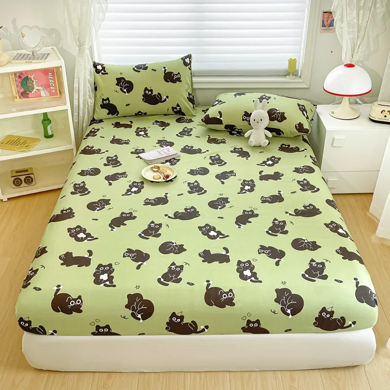 Cartoon Cats Fitted Sheet Set Queen Size, Cute Kitten Bedding Set, Kawaii Cat Bed Sets Bedroom Decoration for Kids Teens Adults